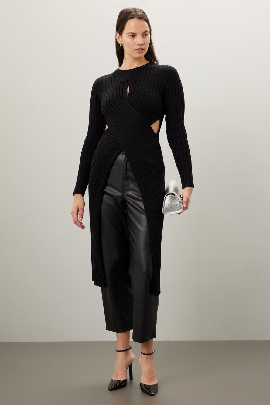 Ronny Kobo Sz L Black Crisscross Open Front Long Duster Midi Cut Out Sweater